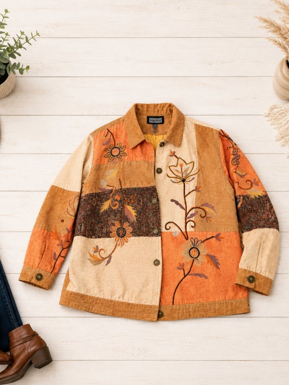 Indigo Moon Women’s 3X Patchwork Jacket Embroidered Boho Artsy Lined EUC